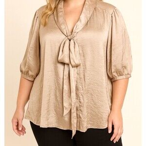 Elementz Womens Blouse Size XL Tan Satin Tie Neck 3/4 Sleeve Lightweight Top